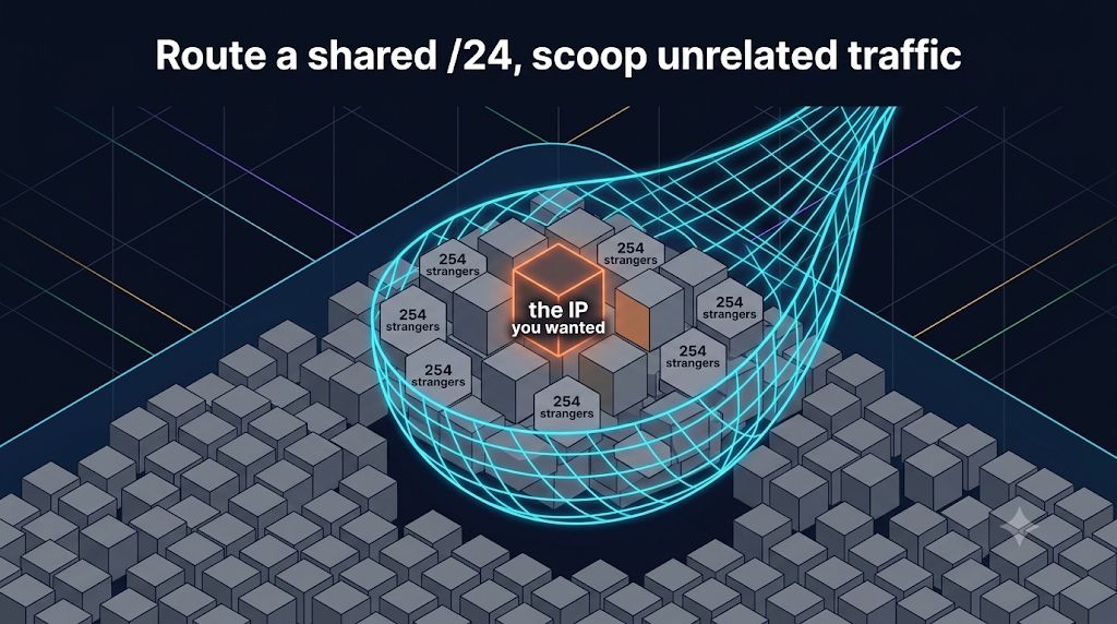 Route a shared /24, scoop unrelated traffic — a net catches the one IP you wanted along with 254 strangers sharing the block
