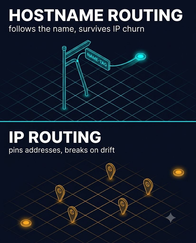 Hostname routing vs IP routing — hostname routing follows the name and survives IP churn; IP routing pins addresses and breaks on drift