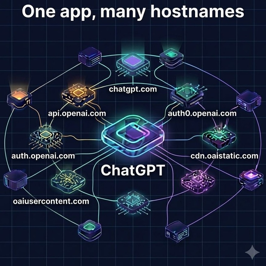 One app fans out to many hostnames — a single ChatGPT app talking to api.openai.com, auth0.openai.com, cdn.oaistatic.com, oaiusercontent.com and more